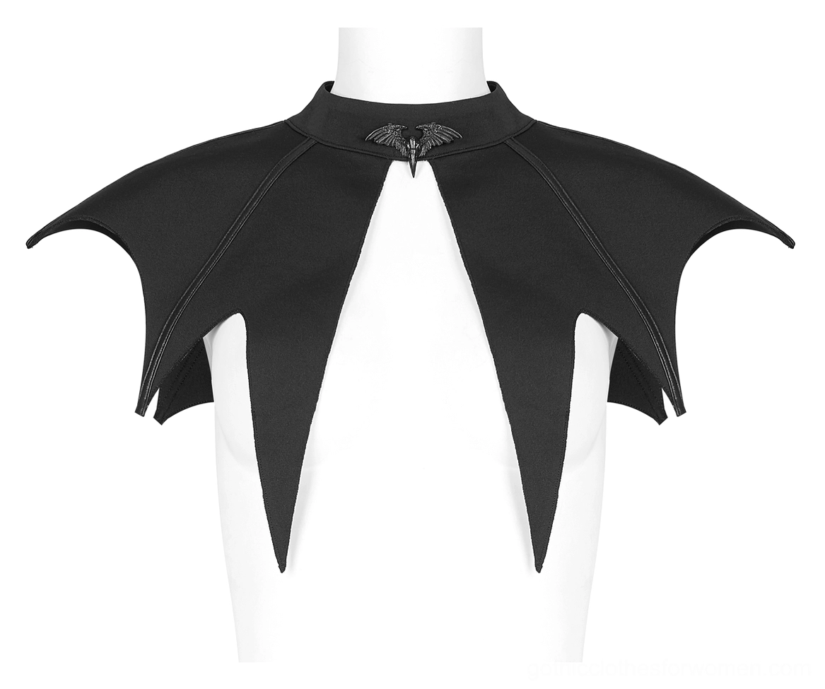 Black bat wing cape on mannequin front view with raven skull brooch detail