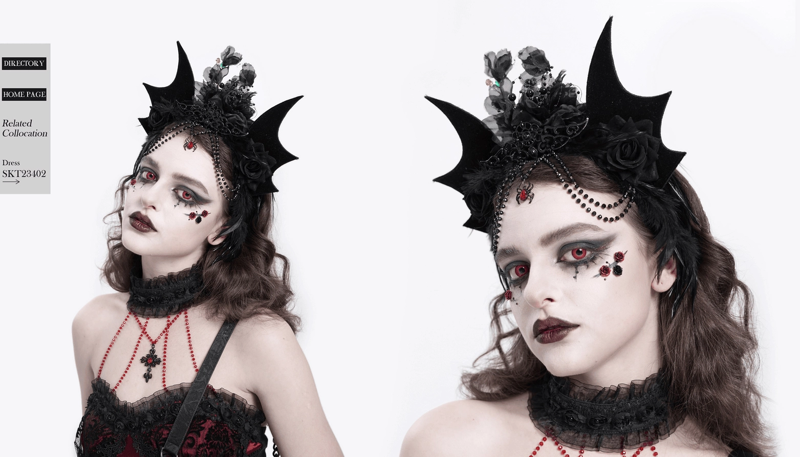 Alternative angle of black gothic bat crown showing wing symmetry and floral rose details