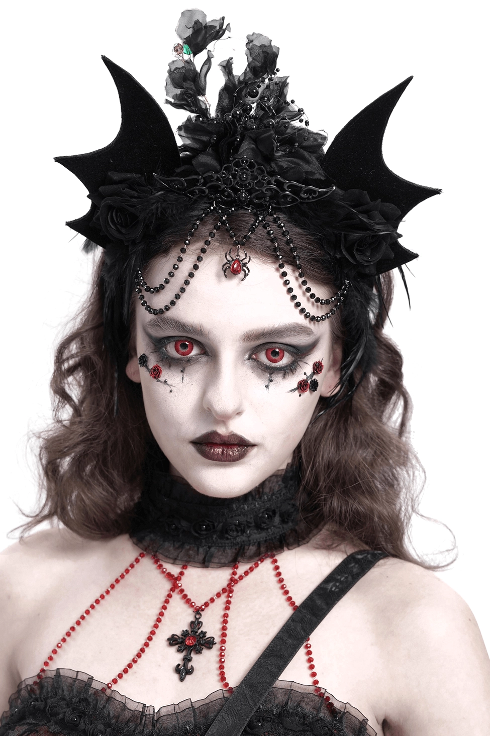 Black gothic bat crown with roses and bead chain, front view on model with dramatic gothic makeup