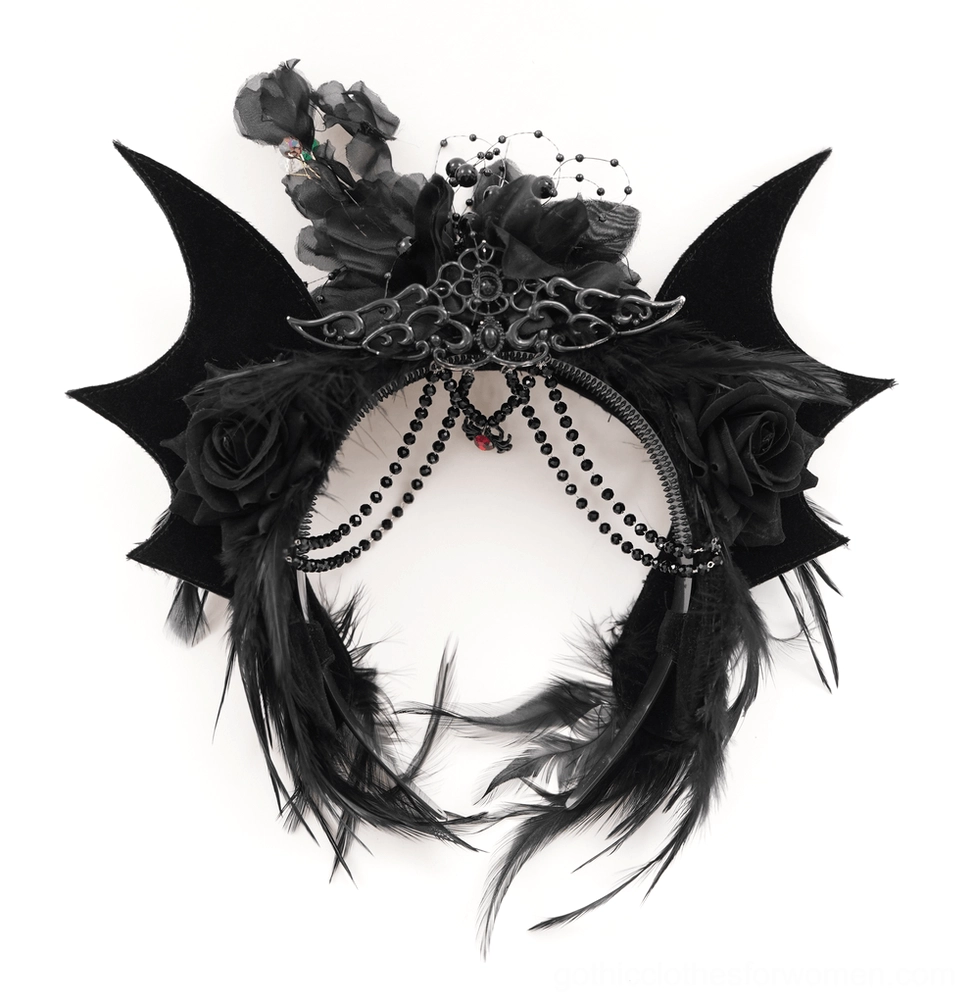 Right side close-up view of gothic bat crown highlighting black rose and feather trim details