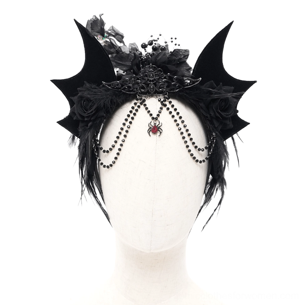 Black bat crown styled with coordinated gothic outfit, left side view of headpiece and model