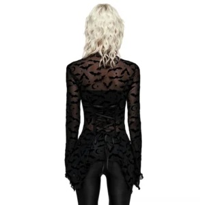 Gothic mesh long sleeve top with lace-up corset back - back view showing structured back closure