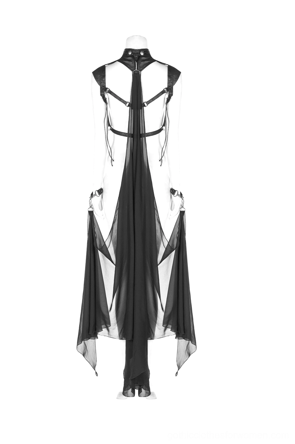 Black gothic cape back view with cracked PU harness and long chiffon train centerline