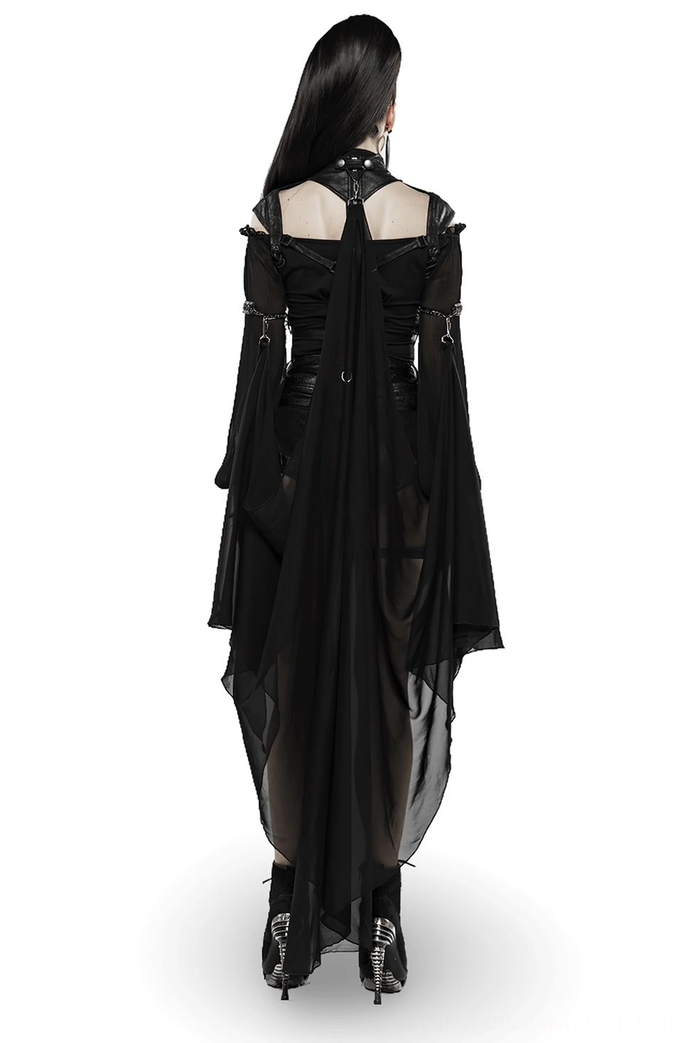 Gothic batwing cape back view showing sheer chiffon train and harness-style neckline