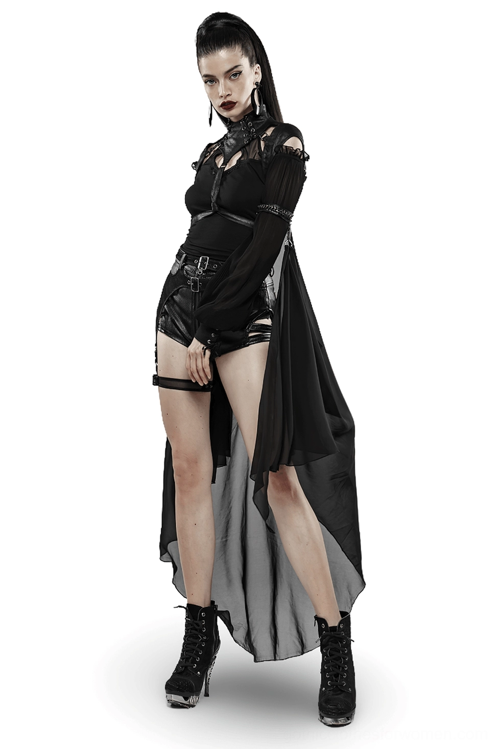 Black cracked PU batwing cape with chiffon train, front full-body view on model