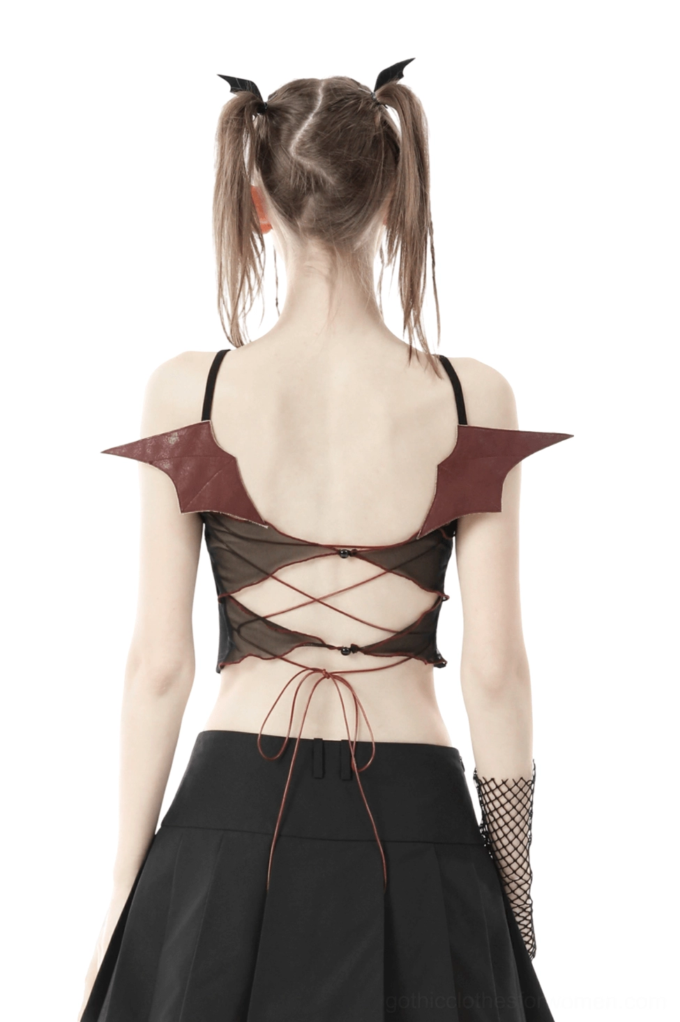 Black batwing crop top back view showing dramatic lace-up closure, mesh panel, and red bat wings detail