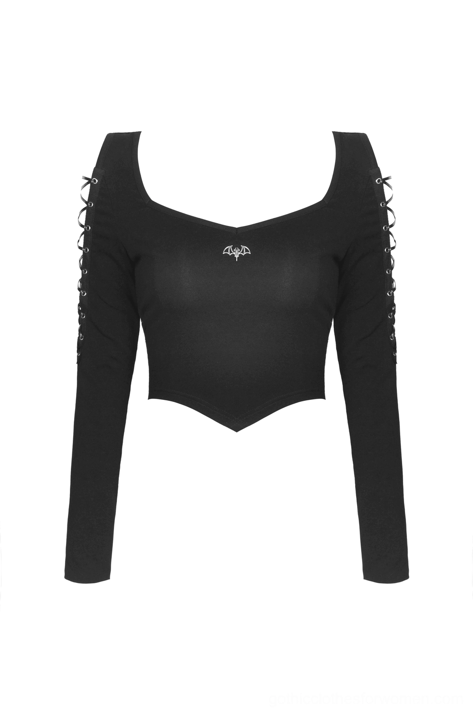Black gothic batwing crop top flat lay front view showing solid fabric, bat chest emblem and cropped hem