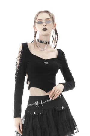 Gothic batwing lace-up crop top front view on model with braided hair, sweetheart neckline and cold shoulder cutouts