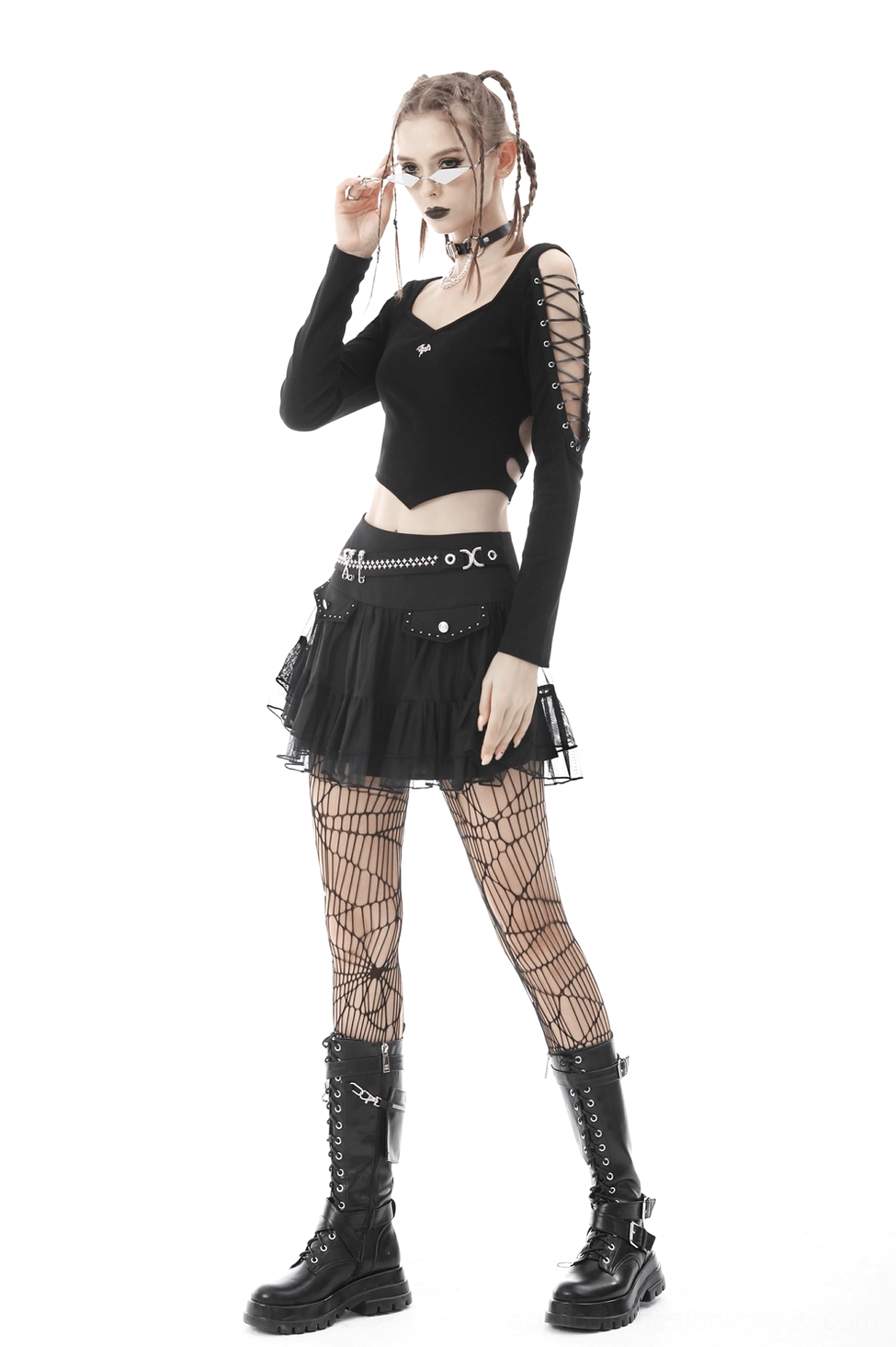 Black gothic lace-up crop top full view showing dramatic batwing silhouette and alternative fashion aesthetic