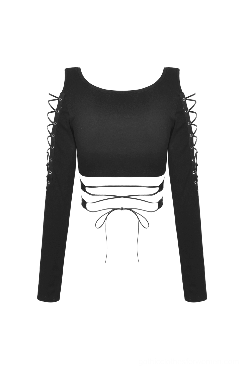 Side detail of gothic crop top showing lace-up sleeve cutout and waist cutout design