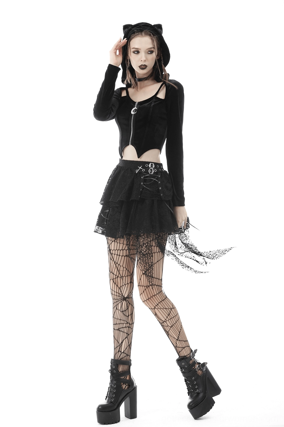 Alternative styling angle of gothic batwing cat-ear hoodie displaying versatile design elements and dramatic fabric drape on model