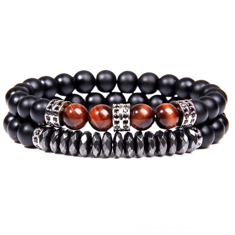 Gothic women's bracelet with black stone beads, vibrant red tiger eye gemstone, and silver rhinestone spacers