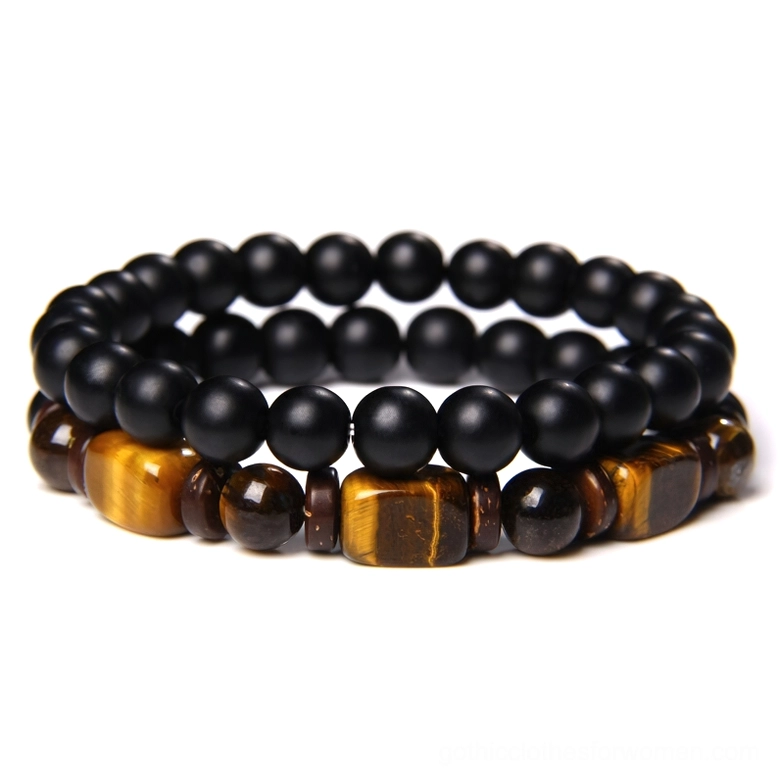 Side view of black onyx tiger eye gothic beaded bracelet with rectangular stone decorations, unisex elastic construction