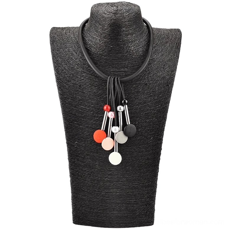 Black elastic silicone gothic choker necklace with mixed color bead pendants shown on dark fabric display form