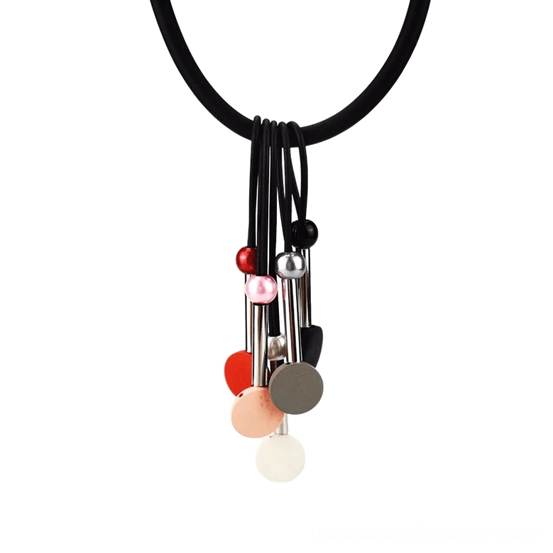 Hanging neo-gothic silicone bead choker with multiple dangling color-mixed pendants in front flat view
