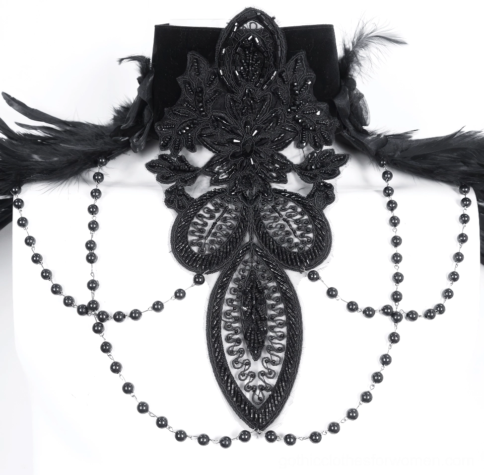 Close-up detailed view of gothic beaded feather choker showing bead chains, embroidered black lace work, feather details, and velvet neckband against white background