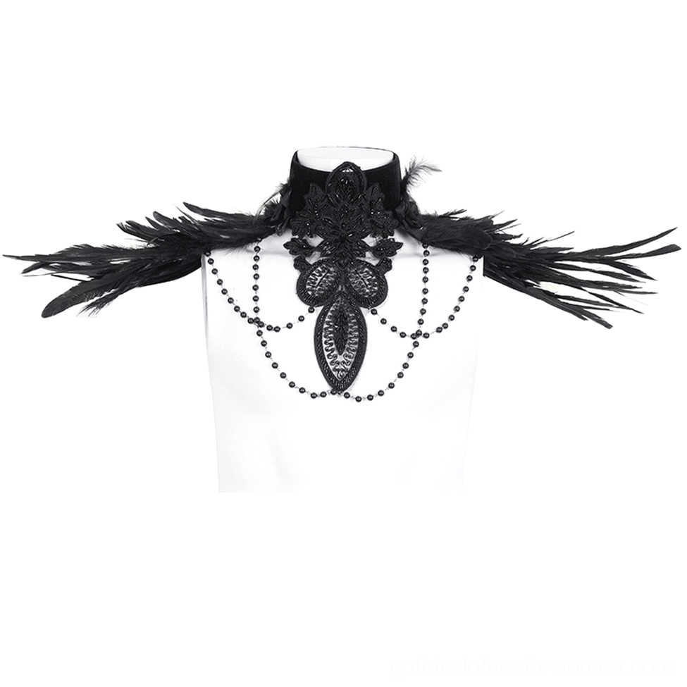 Gothic beaded feather choker collar on dress form mannequin, displaying full front design with black velvet choker, lace embroidery, cascading bead tassel chains, and feather accents