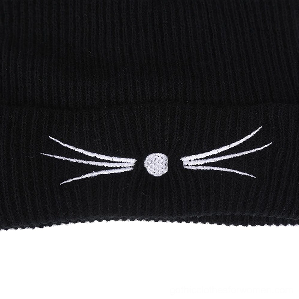 Embroidered cat face with whiskers and nose on gothic beanie cuff - embroidery detail