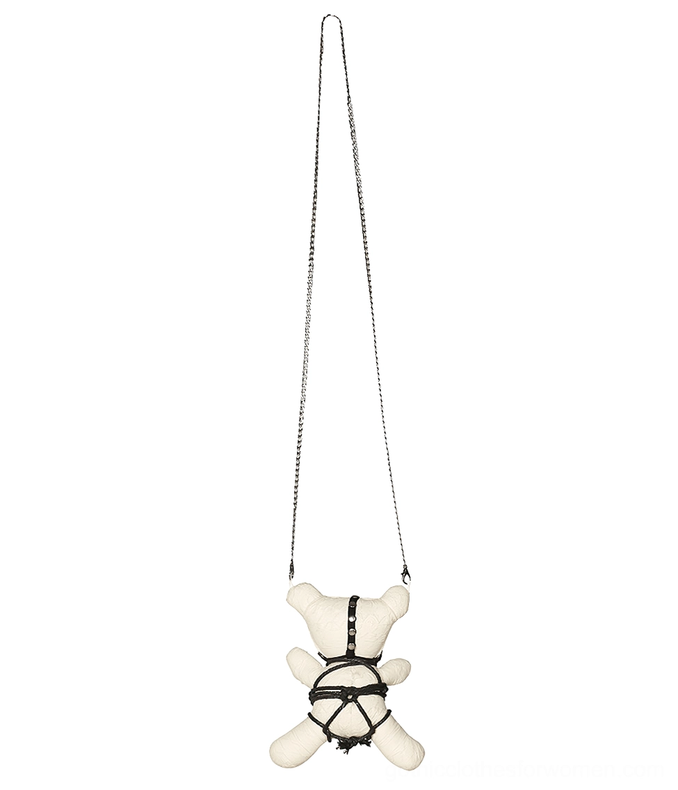 Fully bound gothic bear pendant front side view with complete bondage aesthetic