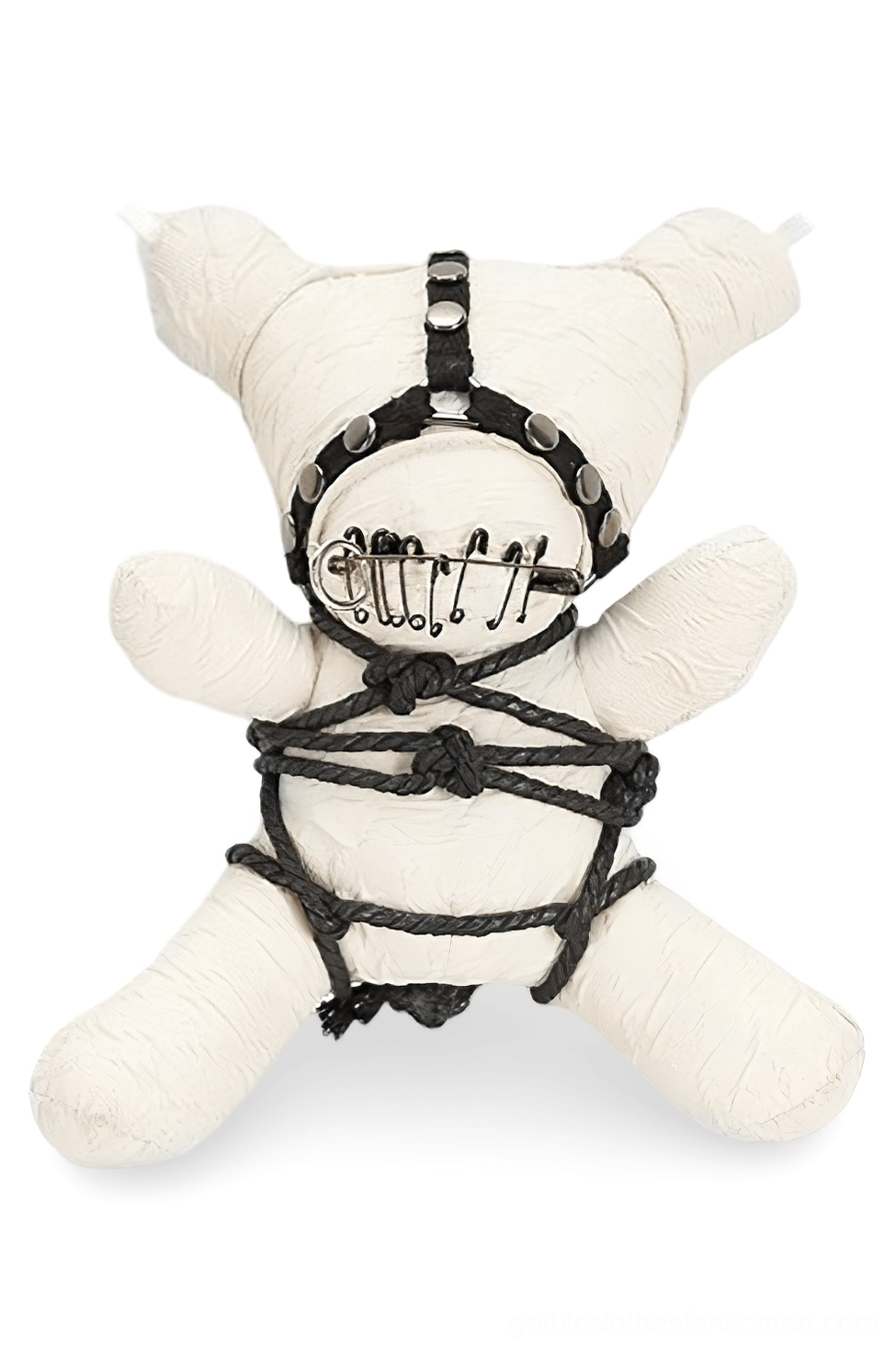 Gothic bondage bear plush pendant front view with safety pin mouth and black rope detailing