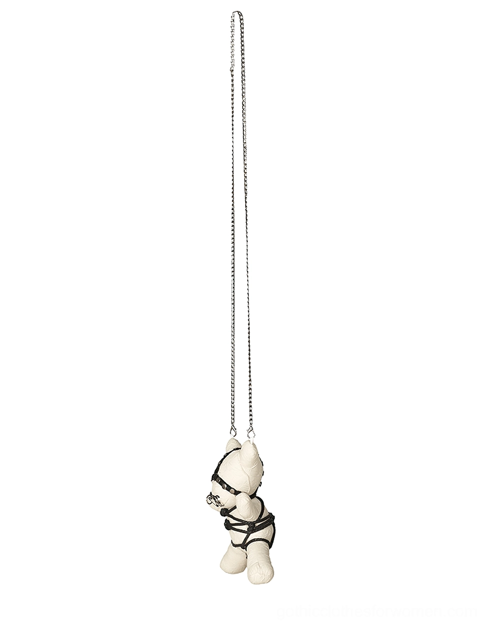 Mini gothic bondage bear pendant in profile showing intricate rope detailing