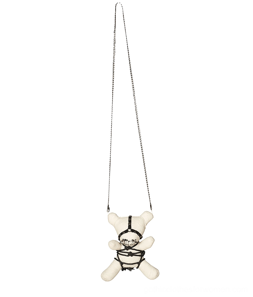 Single gothic bear pendant necklace side angle showing bondage rope and chain connector