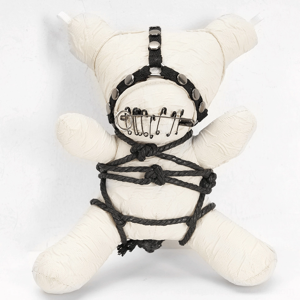 Gothic bondage bear plush pendant complete product view off-white with black accents