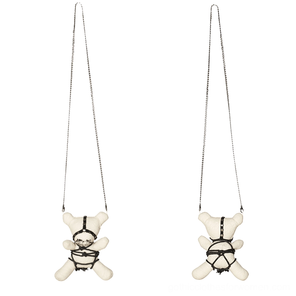 Pair of matching gothic bear pendants with bondage styling hanging together
