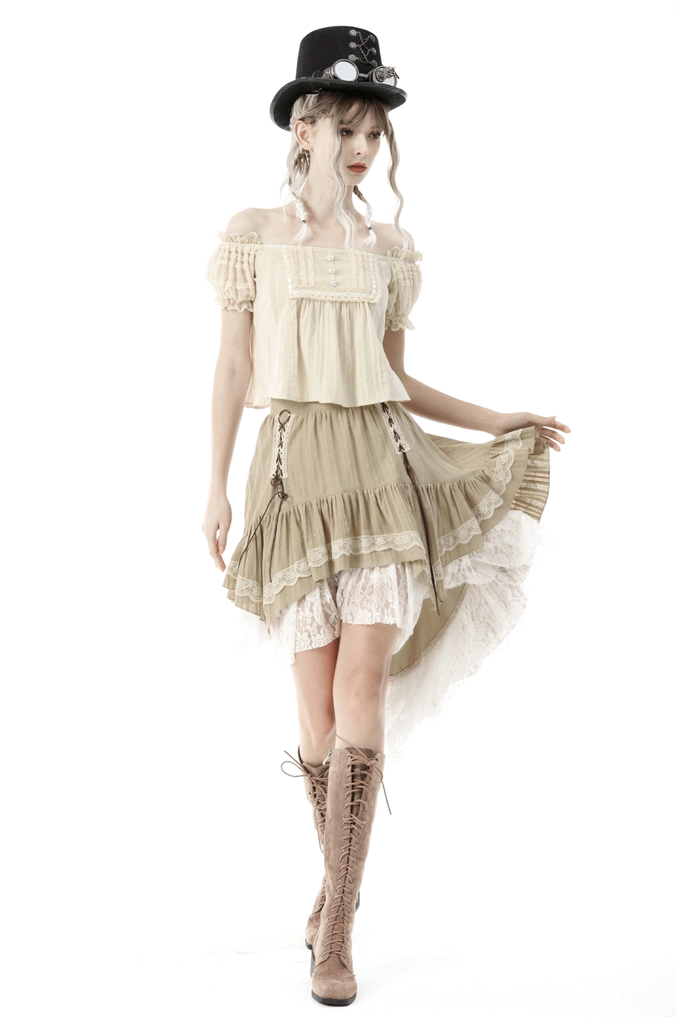 Gothic beige high-low skirt full-body view demonstrating dramatic asymmetrical hem and layered lace construction details