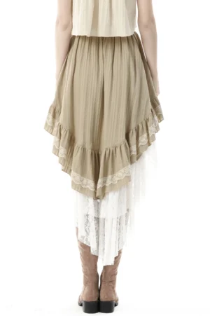 Gothic beige lace-up skirt rear view displaying asymmetrical ruffled hem, layered lace trim, and tiered construction