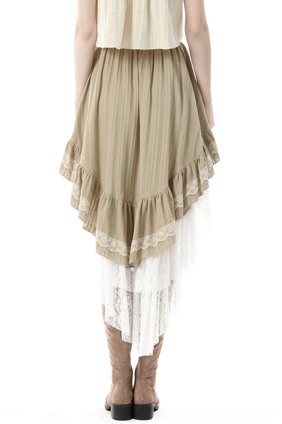 Gothic beige lace-up skirt rear view displaying asymmetrical ruffled hem, layered lace trim, and tiered construction