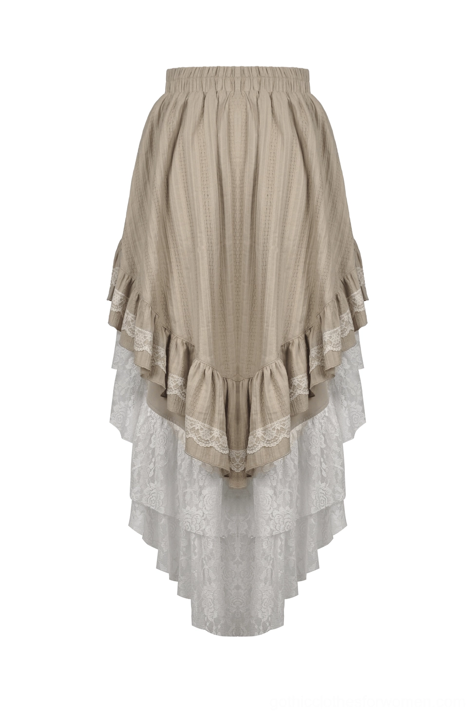 Gothic beige lace-up skirt flat lay back view featuring elastic waistband and multi-layered white lace underlayer