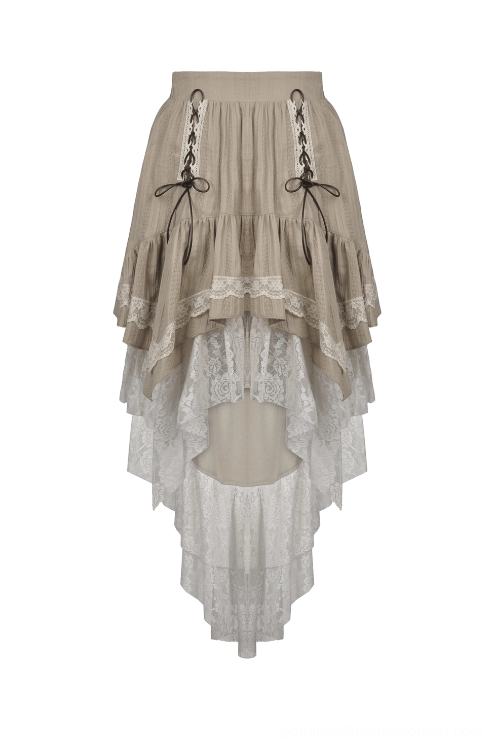 Gothic beige high-low ruffle skirt flat lay front view showing lace-up ties and asymmetrical layered hem construction