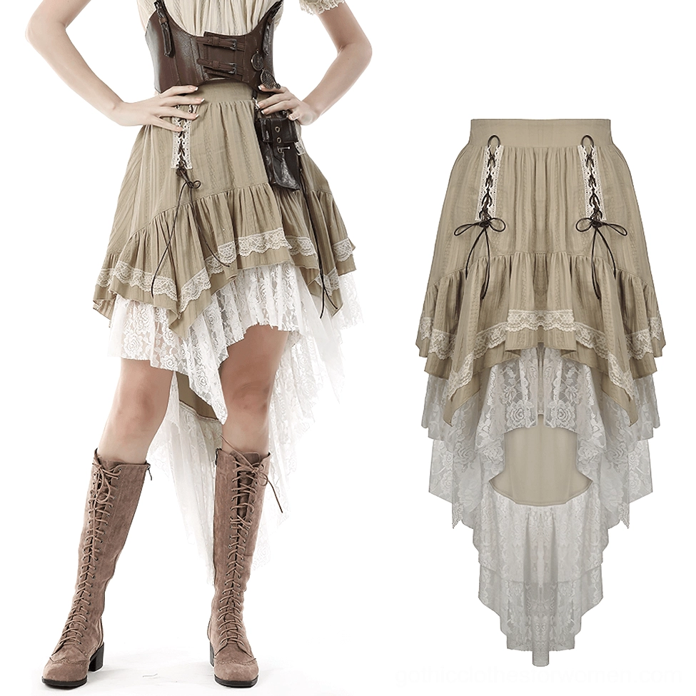 Steampunk gothic beige skirt styled with brown leather corset belt, knee boots, and alternative fashion accessories on model