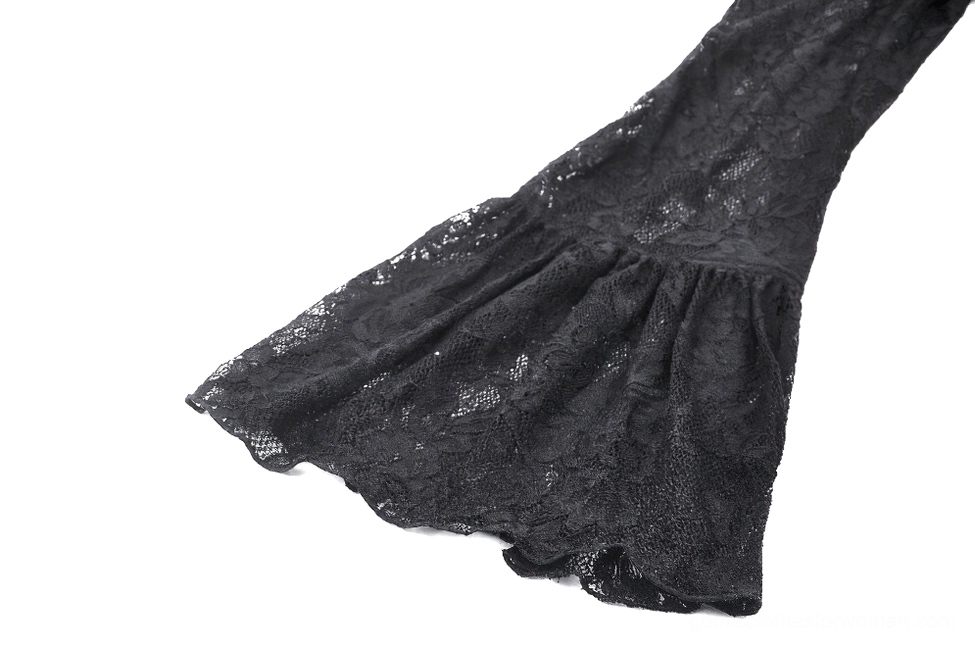 Bell sleeve detail of gothic lace corset top featuring flared design and sheer black lace fabric