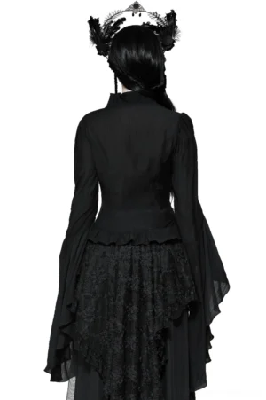 Black ruffled bell sleeve gothic top with lace inserts and tiered hem detail, back full-body view on model