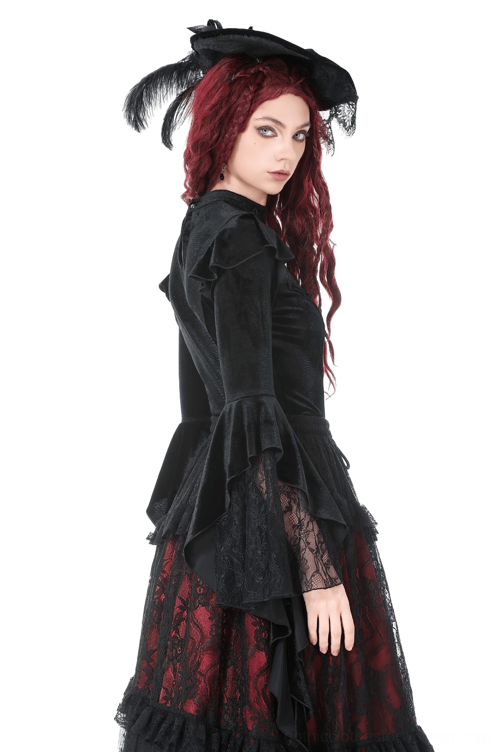 Side view of gothic black velvet bell sleeve top showing flared lace-trimmed sleeves and fitted silhouette