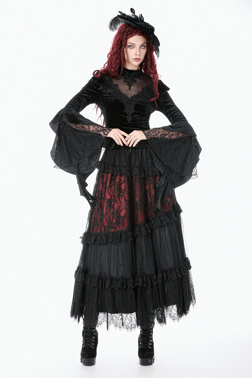Three-quarter view of gothic bell sleeve top in black velvet featuring all key design elements and construction details