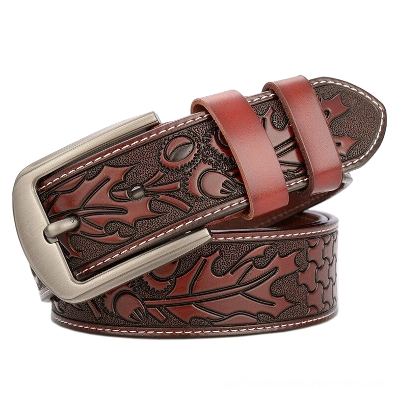 Antique-finish buckle detail of gothic leather belt showing craftsmanship and ornamental design elements