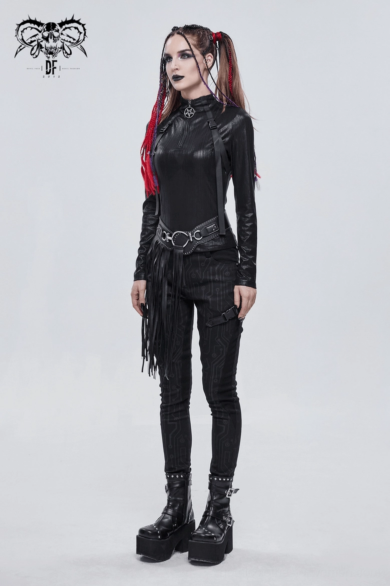Gothic tassel leather belt back elastication detail close-up on mannequin displaying elastic panel construction