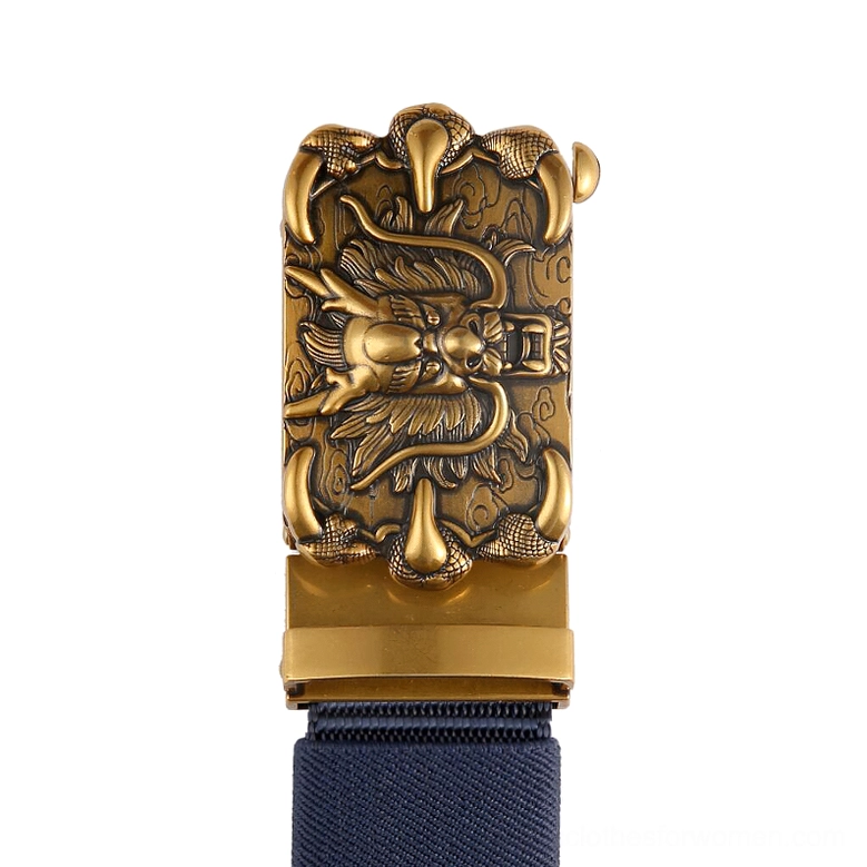 Close-up of vintage bronze dragon embossed buckle on navy nylon gothic belt