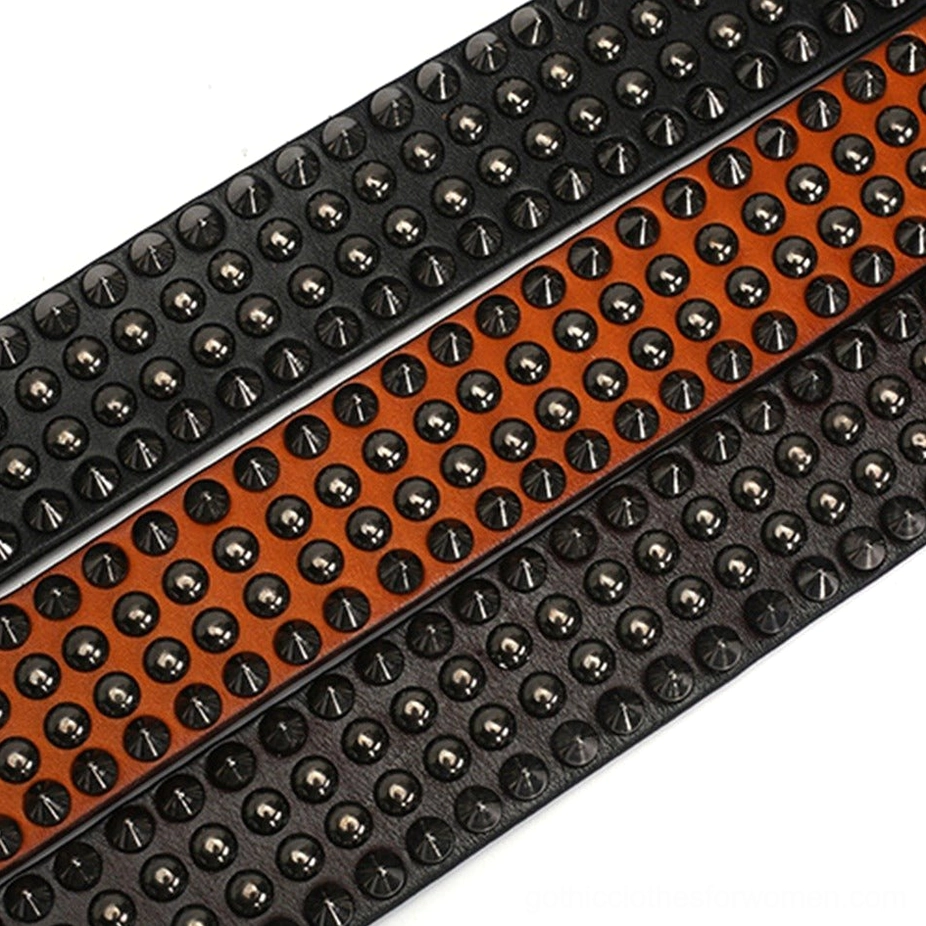 Unisex Gothic studded leather belt buckle detail and stud pattern close-up