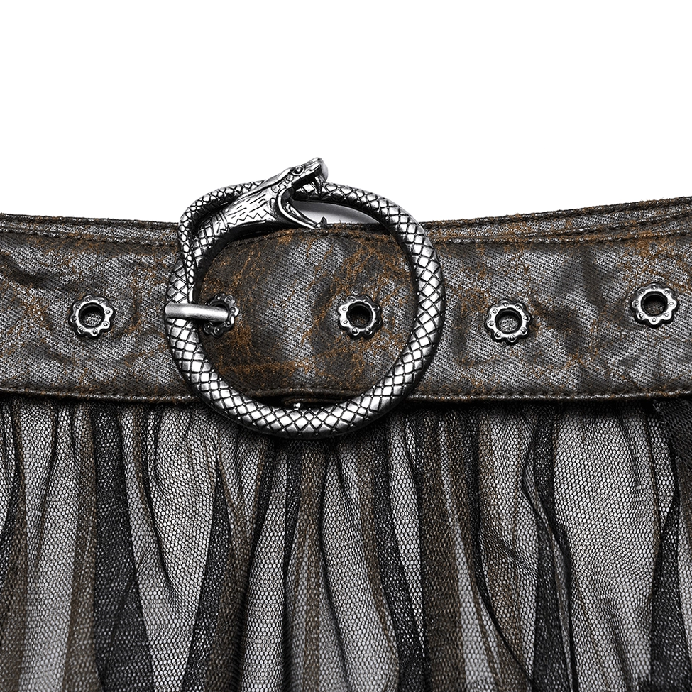 Close-up detail of cracked faux leather belt buckle, snake-shaped metal buckle design, distressed leather strap with gothic aesthetic