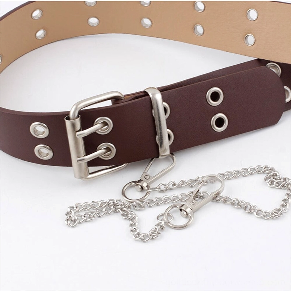 Gothic chain belt detail showing silver metal hardware and two-tone design with detachable chain