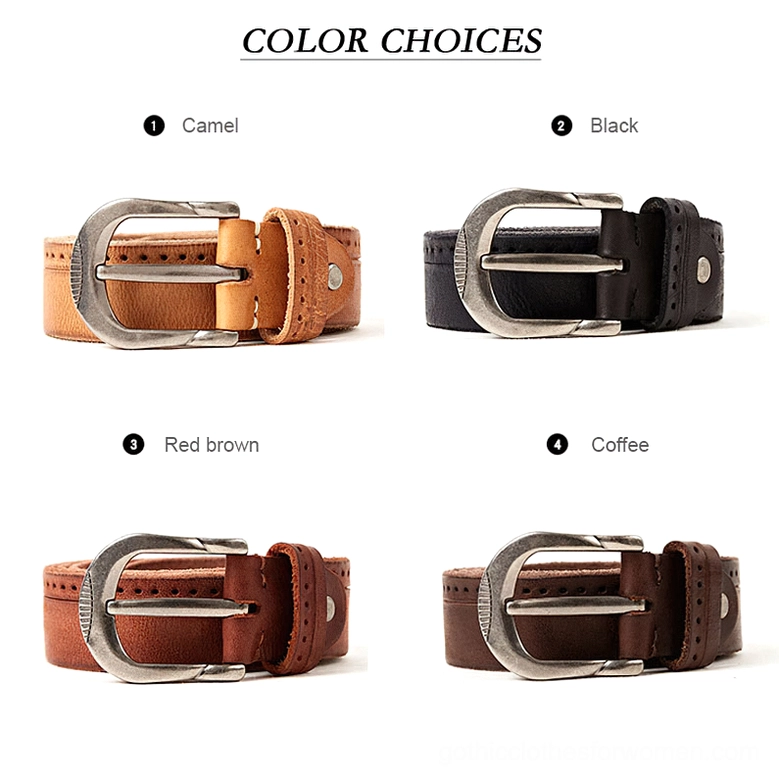 Four color variants of gothic leather belts: camel, black, red brown, and coffee brown, all with unified silver buckles, color comparison layout