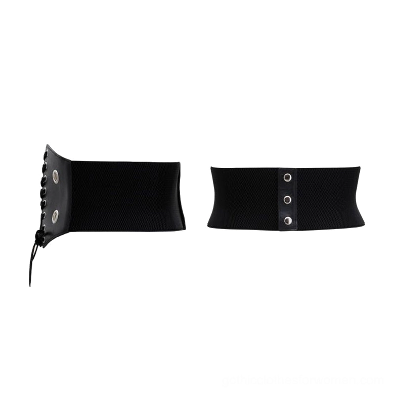 Side view of black corset waist belt showing elastic waistband construction and metal button detail components