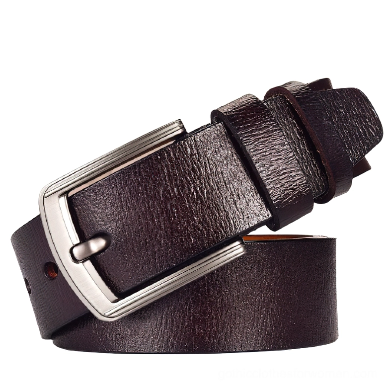 Deep brown gothic belt flat lay, showing smooth leather finish and brushed metal buckle on white background