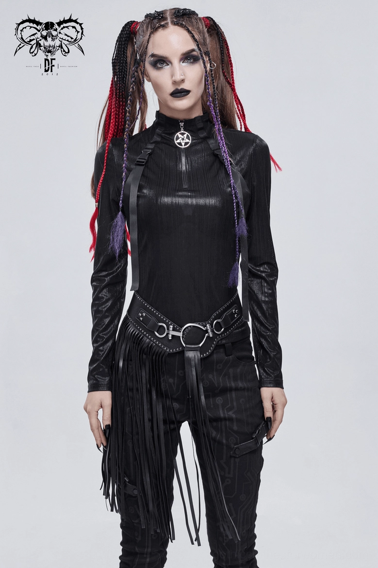 Women's black gothic tassel belt front fastening mechanism close-up showing metal hardware and toggle design