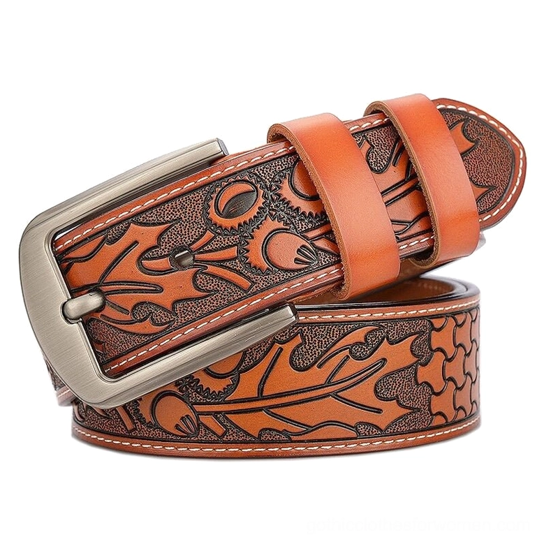 Gothic embossed leather belt detail shot highlighting hand-carved floral patterns and authentic cowskin leather quality