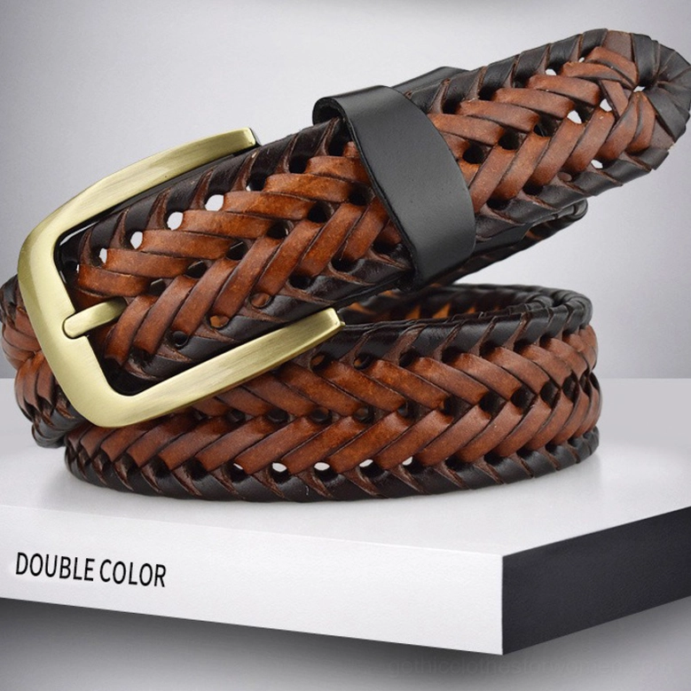 Hand-knitted gothic leather belt close-up showing weaving technique, buckle design, and overall craftsmanship quality